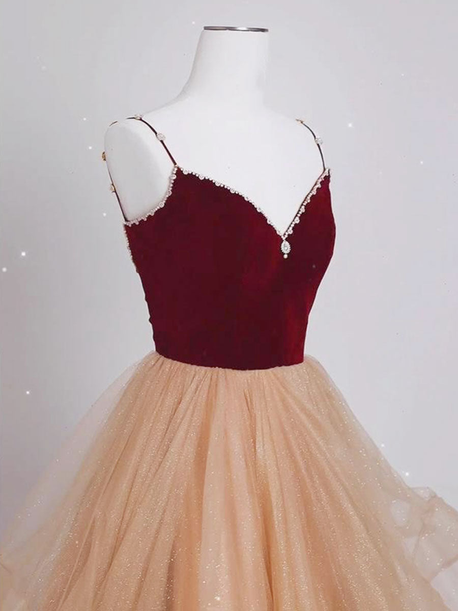 Champagne/Burgundy Long Prom Dress A-Line Tulle Formal Graduation Dress