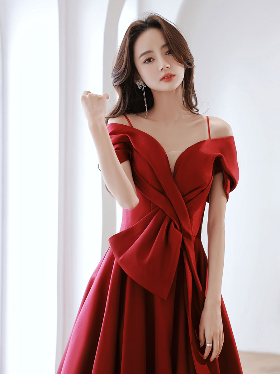 Burgundy Off-Shoulder Satin Long Prom Dress Burgundy Evening Dress