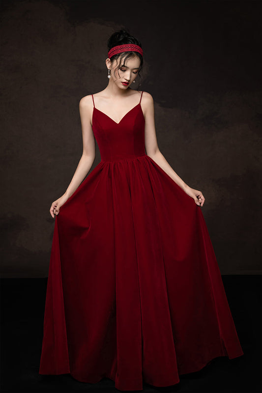 Simple V-Neck Burgundy Long Prom Dress Burgundy Bridesmaid Dress