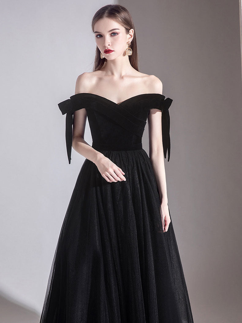 Simple Black Off-Shoulder Tulle Long Prom Dress Black Evening Dress