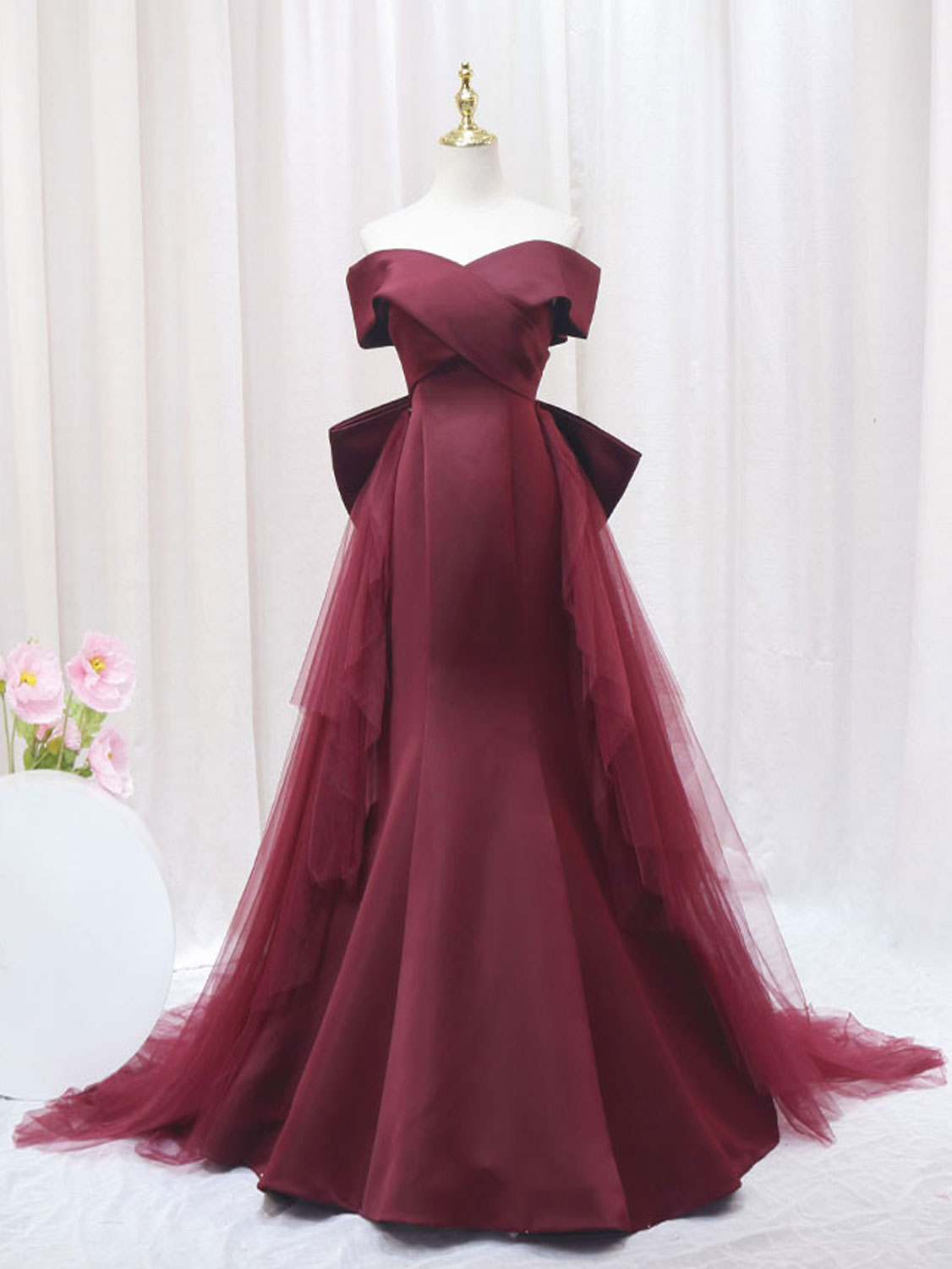 Burgundy Mermaid Tulle Long Prom Dress Burgundy Formal Evening Dress