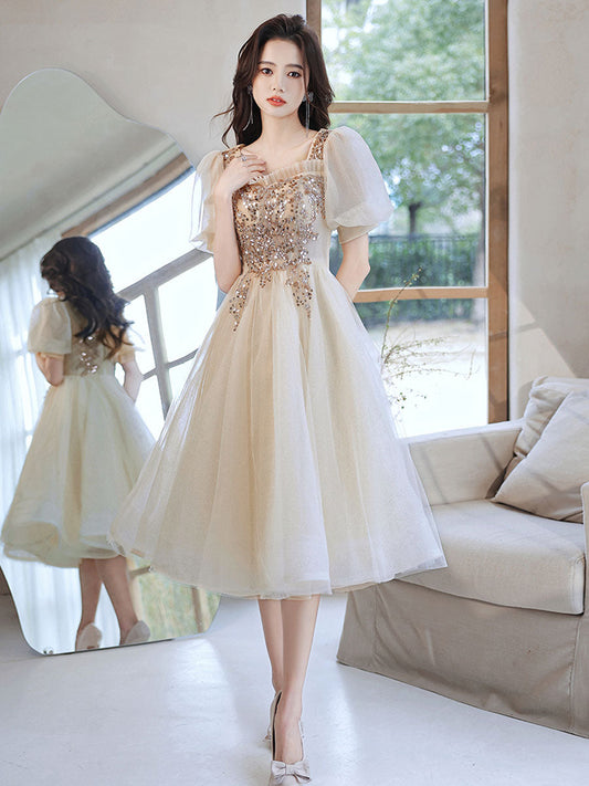 Champagne Tulle Sequin Short Prom Dress Champagne Homecoming Dress