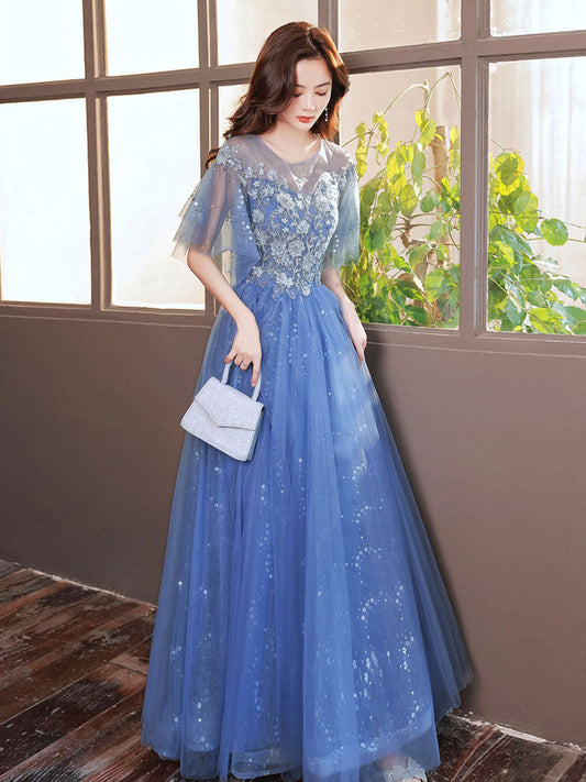 Blue A-Line Tulle Sequin Long Prom Dress Blue Formal Evening Dress