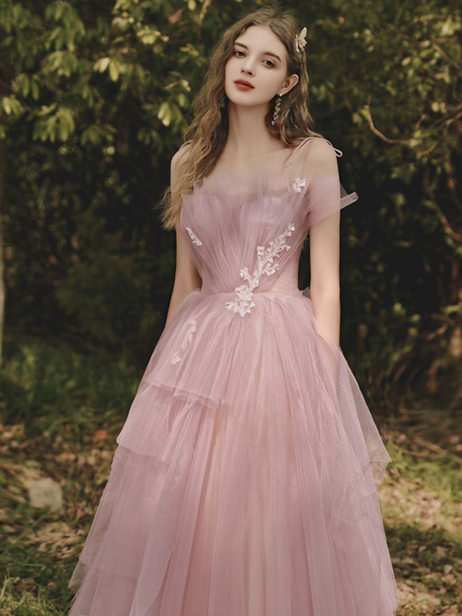 A-Line Tulle Pink Long Prom Dress Formal Pink Graduation Dress with Lace Beading