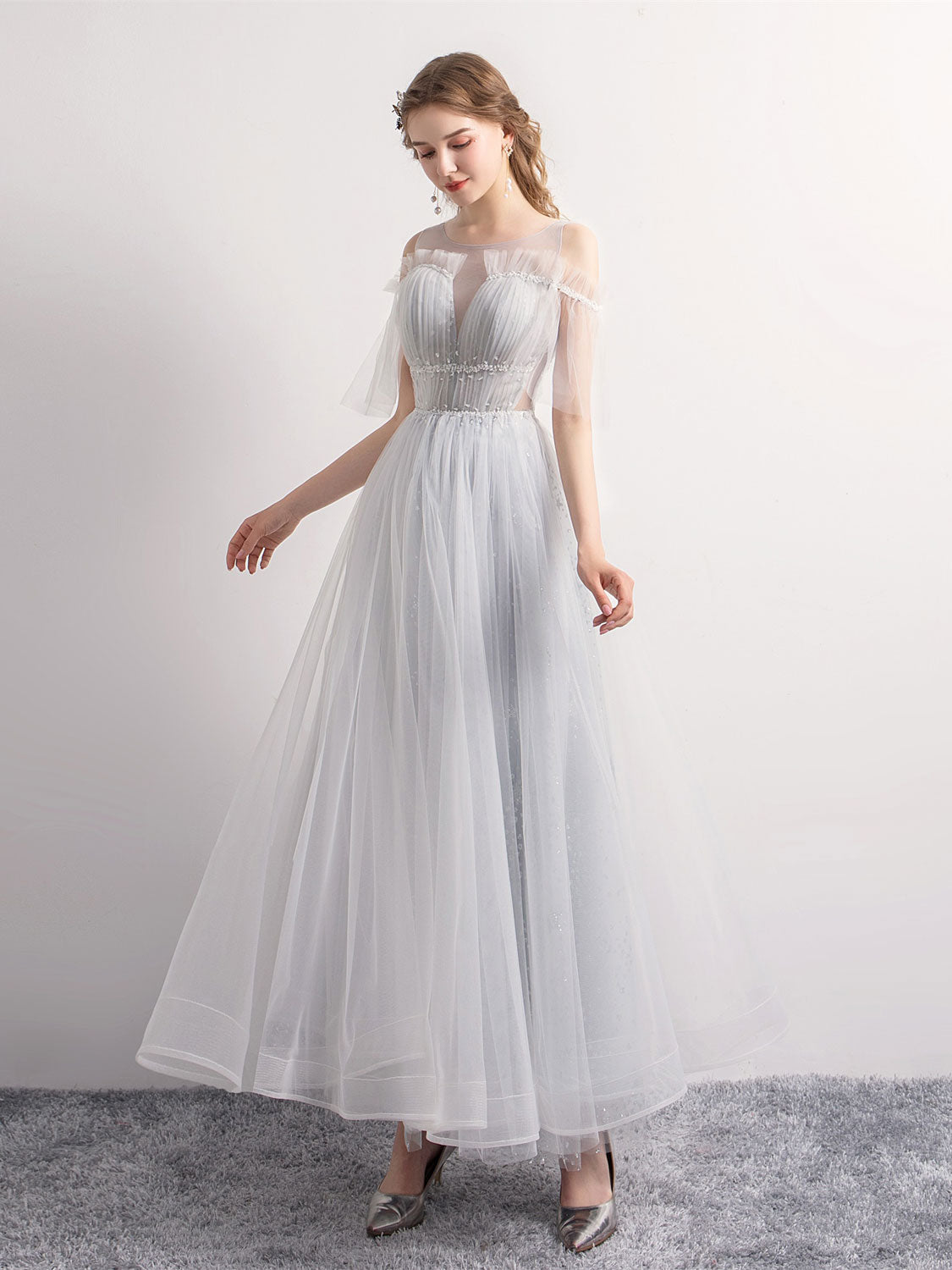 Gray A-Line Tulle Sequin Long Prom Dress Gray Tulle Formal Evening Dress