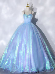 Ball Gown Sweetheart Neck Blue Tulle Long Prom Dress Blue Formal Evening Dress