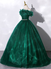 Green Tulle Off-Shoulder Long Prom Dress Green Tulle Sweet 16 Dress