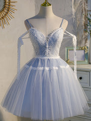 Blue A-Line Lace V-Neck Short Prom Dress Blue Homecoming Dress