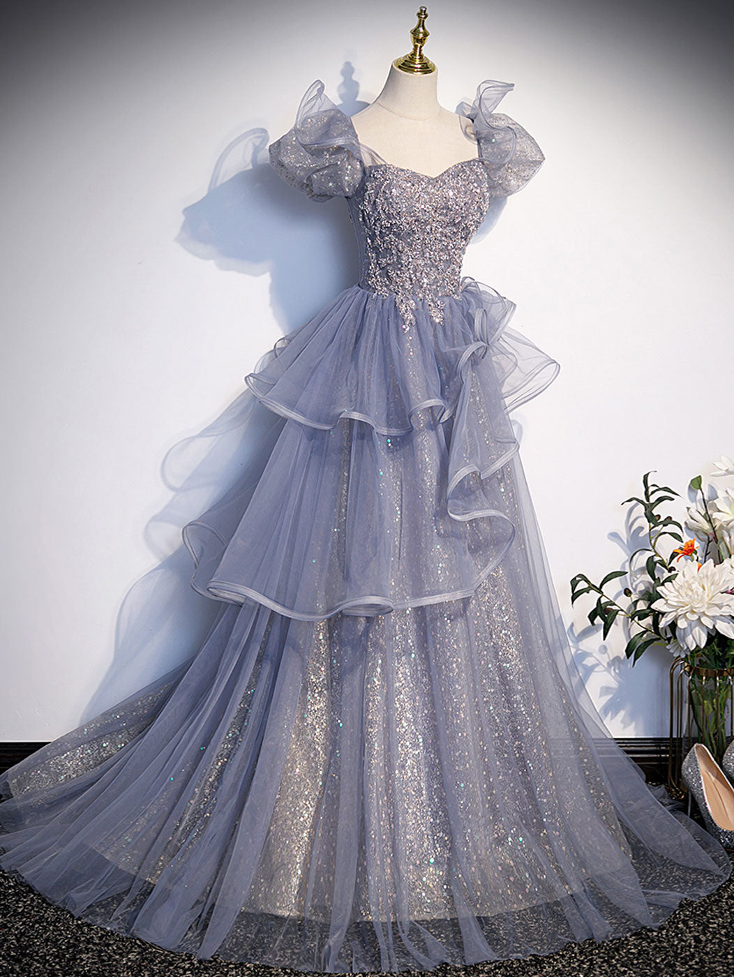 A-Line Gray Sequin Long Prom Dress Sequin Tulle Formal Evening Dress