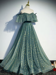 Green A-Line Tulle Star Tulle Long Prom Dress Green Formal Party Dress