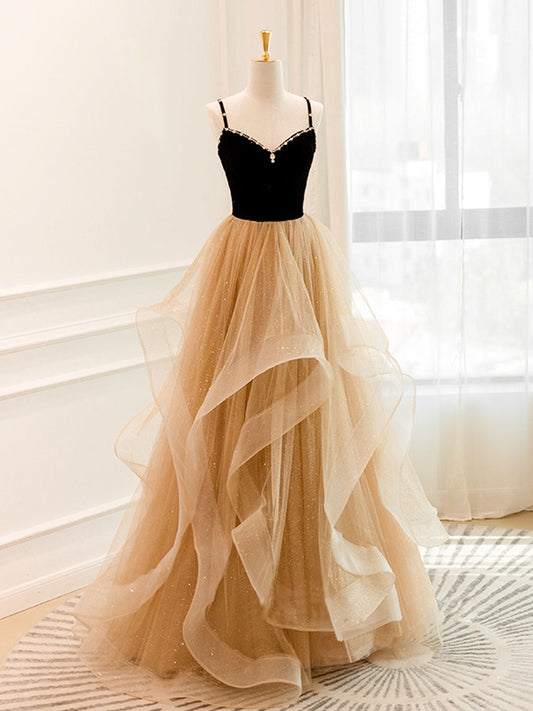 A-Line Champagne Tulle Long Prom Dress Long Evening Dress