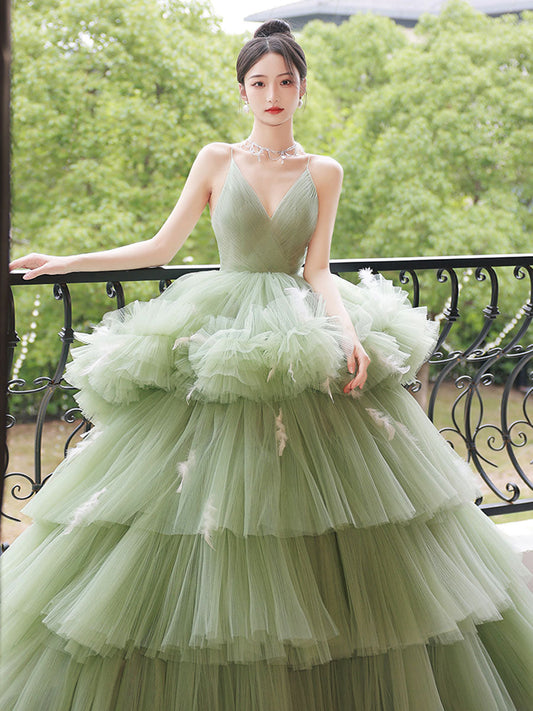 Green V-Neck Tulle Long Prom Dress Green Tulle Sweet 16 Dress