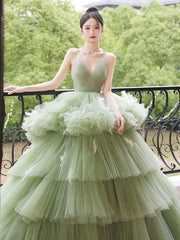 Green V-Neck Tulle Long Prom Dress Green Tulle Sweet 16 Dress