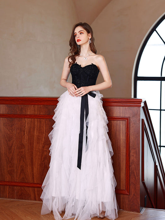 White A-Line Tulle Long Prom Dress White Tulle Long Evening Dress