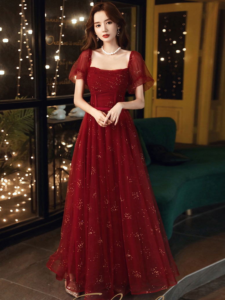 Burgundy A-Line Tulle Sequin Long Prom Dress Burgundy Tulle Formal Dress