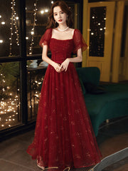 Burgundy A-Line Tulle Sequin Long Prom Dress Burgundy Tulle Formal Dress