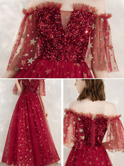 A-Line Off-Shoulder Burgundy Long Prom Dress Burgundy Formal Evening Dress