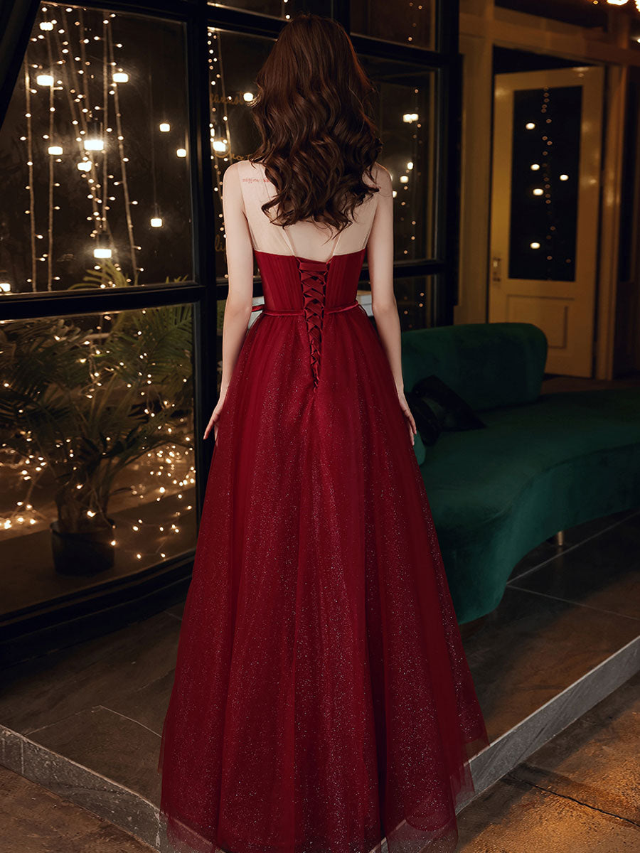 A-Line Round Neck Tulle Sequin Long Prom Dress Burgundy Formal Dress