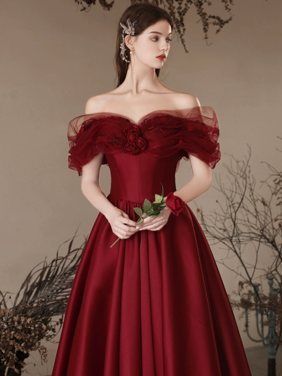 A-Line Off-Shoulder Satin Burgundy Long Prom Dress Burgundy Long Formal Dress