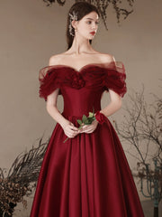 A-Line Off-Shoulder Satin Burgundy Long Prom Dress Burgundy Long Formal Dress