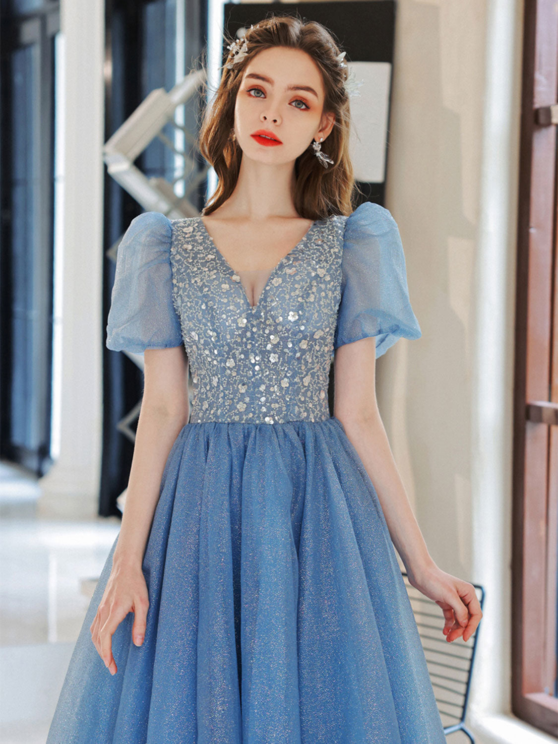 Blue A-Line V-Neck Sequin Tulle Long Prom Dress Blue Formal Evening Dress