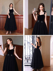 Black Sweetheart Neck Tulle Long Prom Dress Black Evening Dress