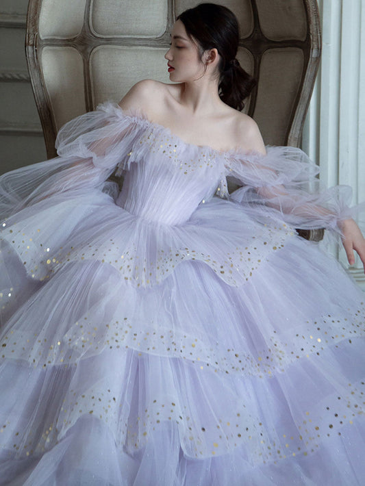 Purple Tulle Sequin Long Prom Dress Purple Tulle Evening Dress