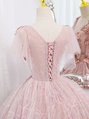 A-Line Tulle Lace Appliqu¨¦ Pink Long Prom Dress Pink Lace Sweet 16 Dress