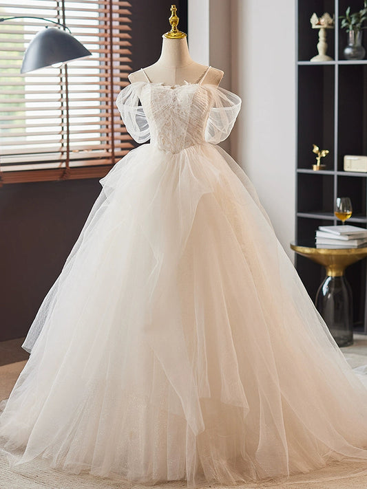 White A-Line Sweetheart Neck Lace Tulle Long Prom Dress White Long Formal Dress