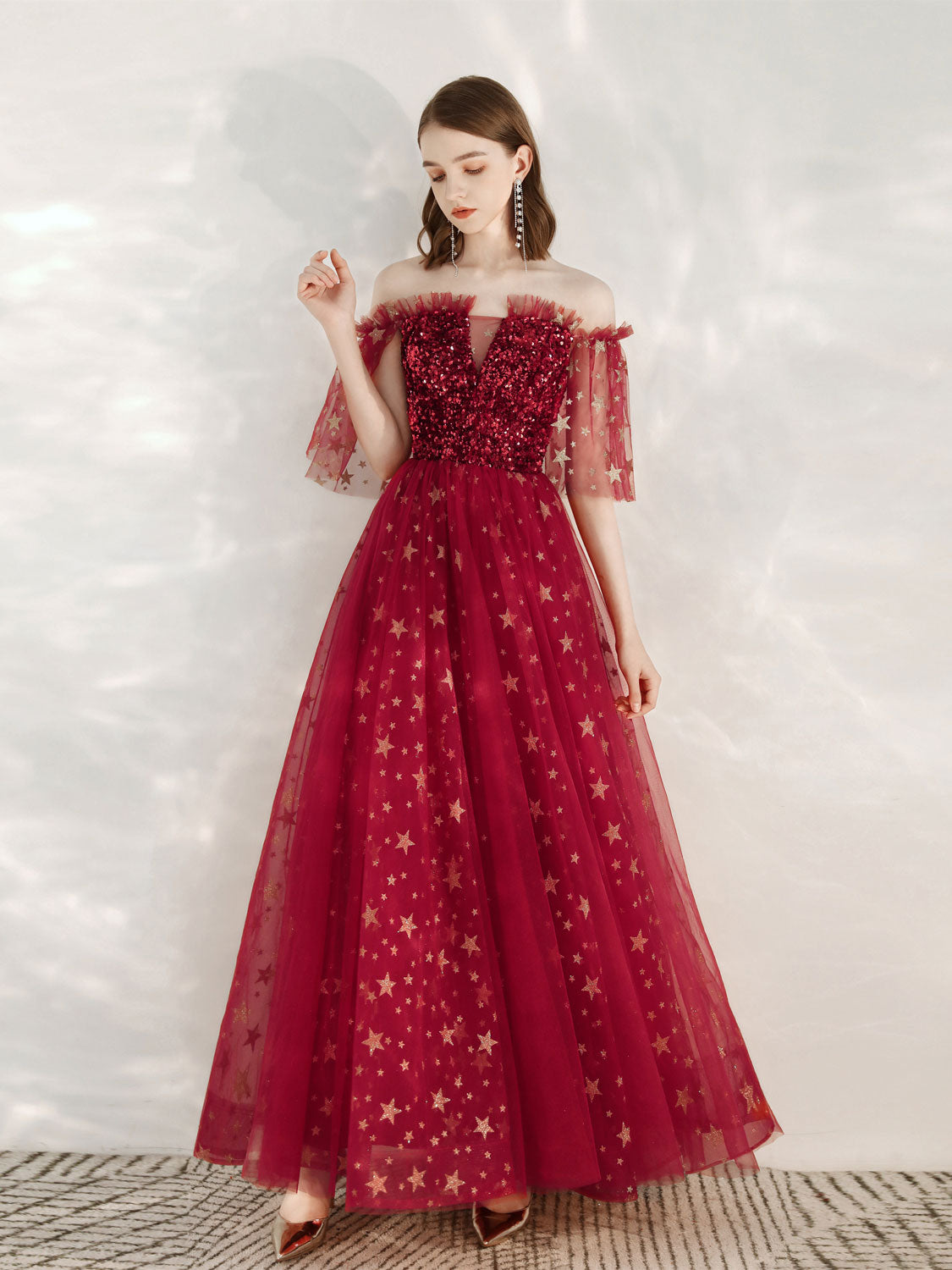 A-Line Off-Shoulder Burgundy Long Prom Dress Burgundy Formal Evening Dress