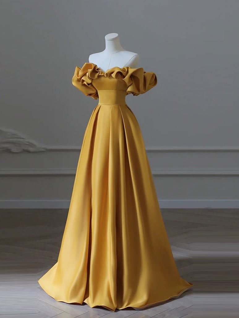 Yellow A-Line Satin Long Prom Dress Yellow Long Evening Dress