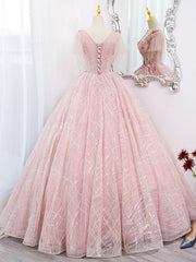 A-Line Tulle Lace Appliqu¨¦ Pink Long Prom Dress Pink Lace Sweet 16 Dress