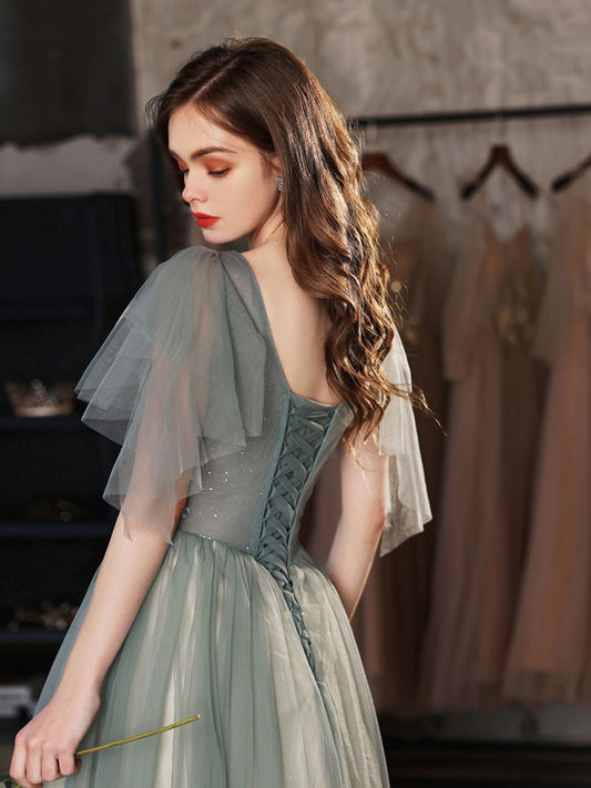 Green V-Neck Tulle Lace Long Prom Dress Green Tulle Formal Dress