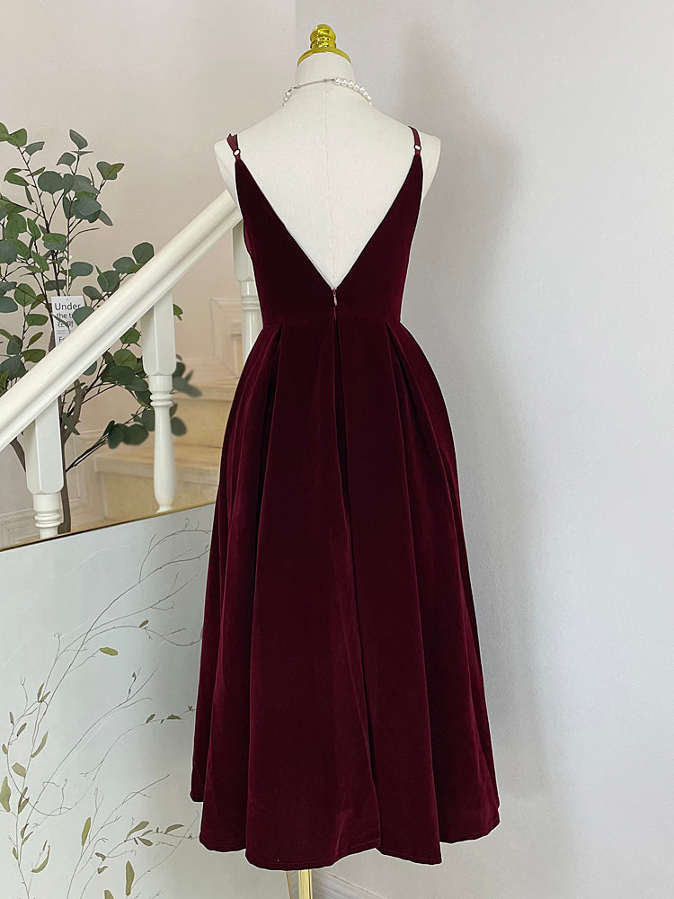 A-Line V-Neck Velvet Burgundy Tea-Length Prom Dress Velvet Formal Dress