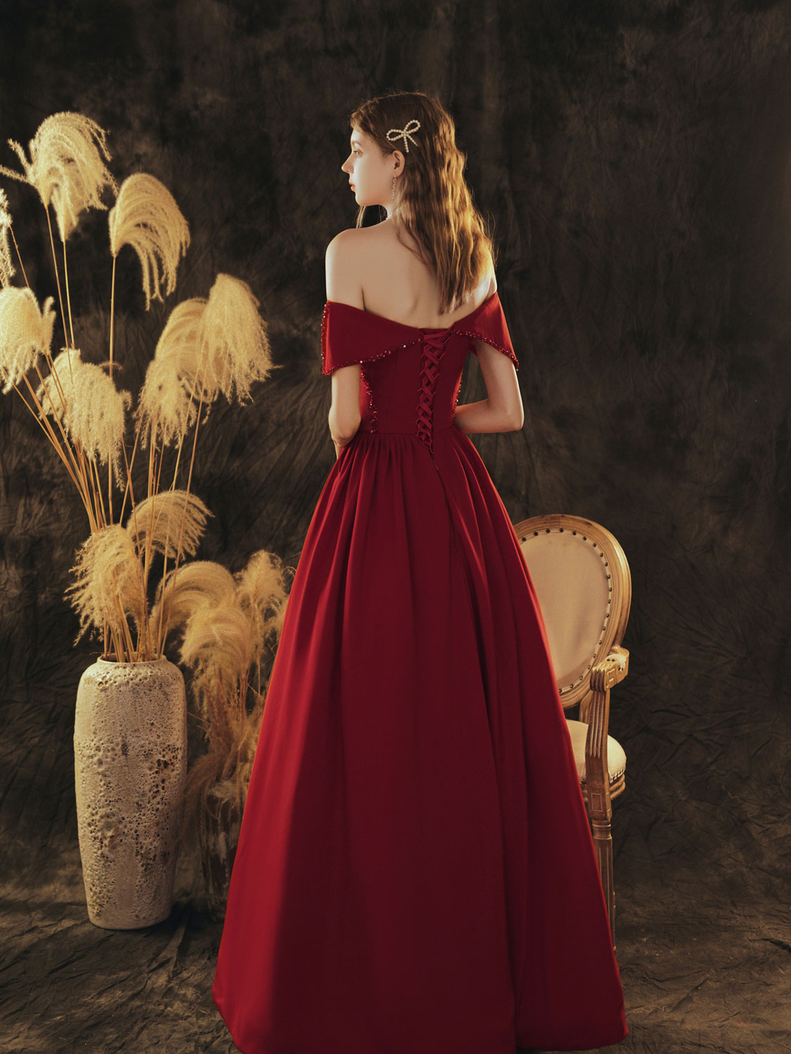 A-Line Off-Shoulder Satin Burgundy Long Prom Dress Burgundy Formal Evening Dress