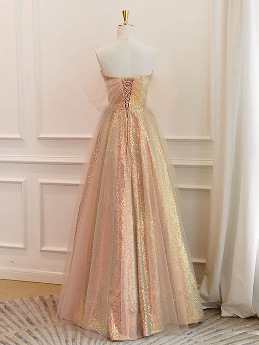 A-Line Sweetheart Neck Gold Sequin Long Prom Dress Gold Evening Dress