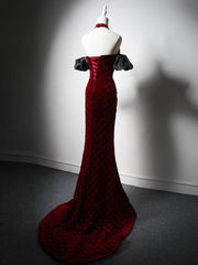 Unique Mermaid Velvet Burgundy Long Prom Dress Burgundy Long Evening Dress