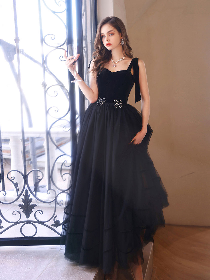 Black Sweetheart Neck Tulle Long Prom Dress Black Evening Dress