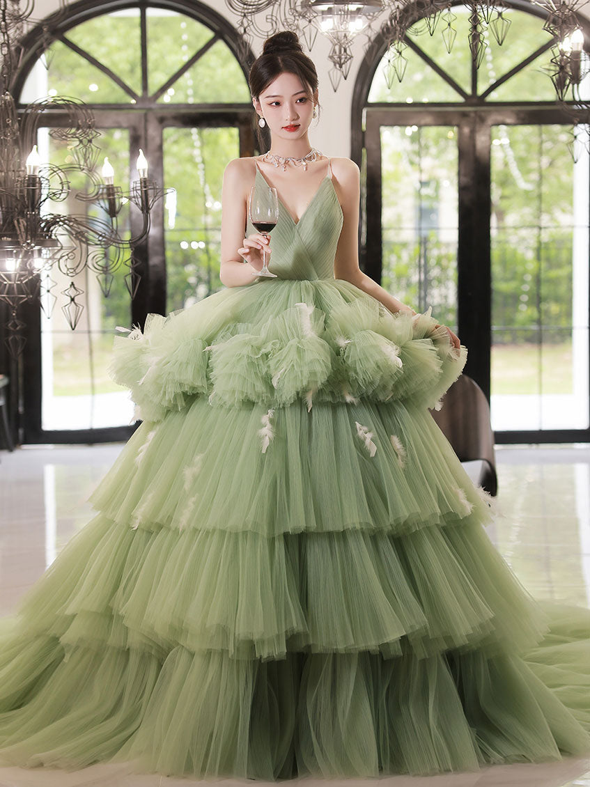 Green V-Neck Tulle Long Prom Dress Green Tulle Sweet 16 Dress