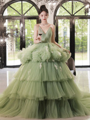 Green V-Neck Tulle Long Prom Dress Green Tulle Sweet 16 Dress