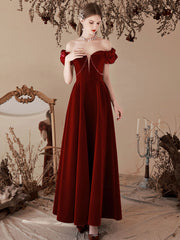 A-Line Off-Shoulder Velvet Burgundy Long Prom Dress Tea Burgundy Evening Dress