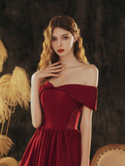 A-Line Off-Shoulder Satin Burgundy Long Prom Dress Burgundy Formal Evening Dress