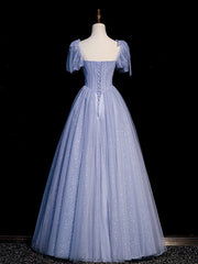 A-Line Blue Sweetheart Neck Tulle Long Prom Dress Blue Formal Evening Dress