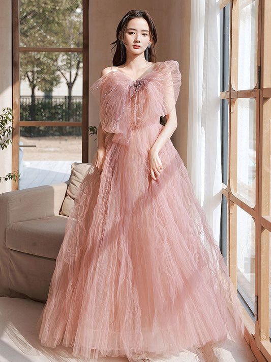 Pink A-Line Tulle Long Prom Dress Pink Formal Evening Dress