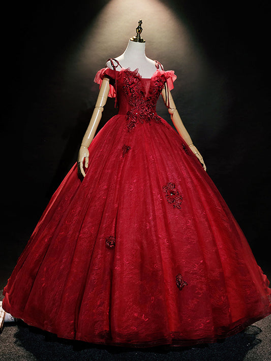 Burgundy Off-Shoulder Tulle Lace Long Prom Dress Burgundy Sweet 16 Dress