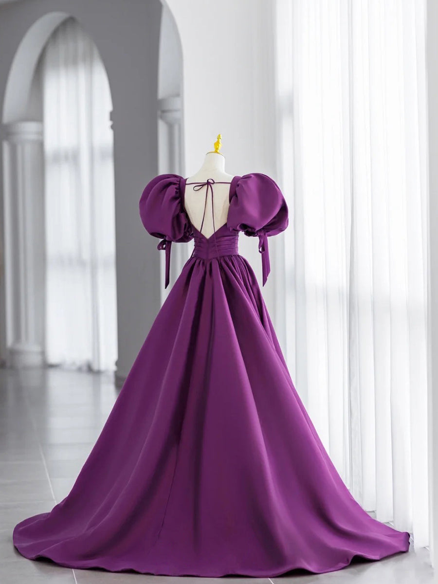 Purple V-Neck Satin Long Prom Dresses Purple Evening Dresses