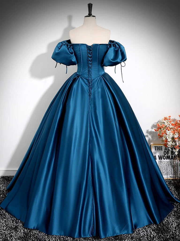 A-Line Puff Sleeves Satin Peacock Blue Long Prom Dress Peacock Blue Long Formal Dress