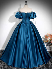 A-Line Puff Sleeves Satin Peacock Blue Long Prom Dress Peacock Blue Long Formal Dress