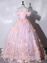 Pink Off-Shoulder Tulle Lace Appliqu¨¦ Long Prom Dress Pink Sweet 16 Dress