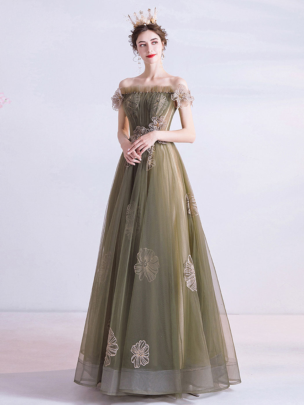 A-Line Green Tulle Long Prom Dress Green Formal Evening Dress